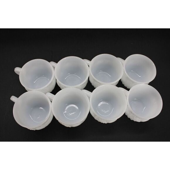 Set Of 8 Vintage Fruit Decorated Pressed Fused Milk Glass Punch Cups MINT - Picture 3 of 8